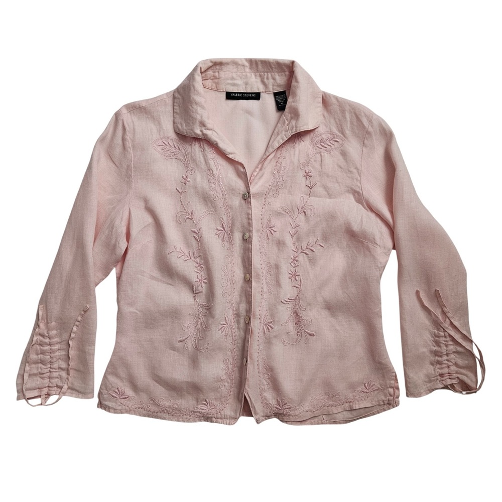 Valerie Stevens Linen Button up Blouse Women M Pink‎ Embroidered Dainty Feminine